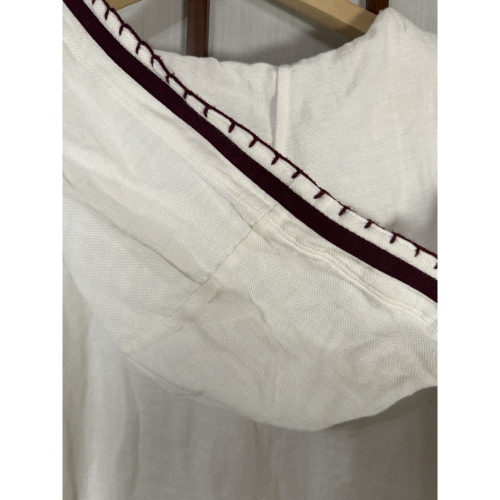 Tory Burch Woven Cotton Hooded Poncho Cover Up Ivory Burgundy Fringe Indie Beach - Picture 5 of 10